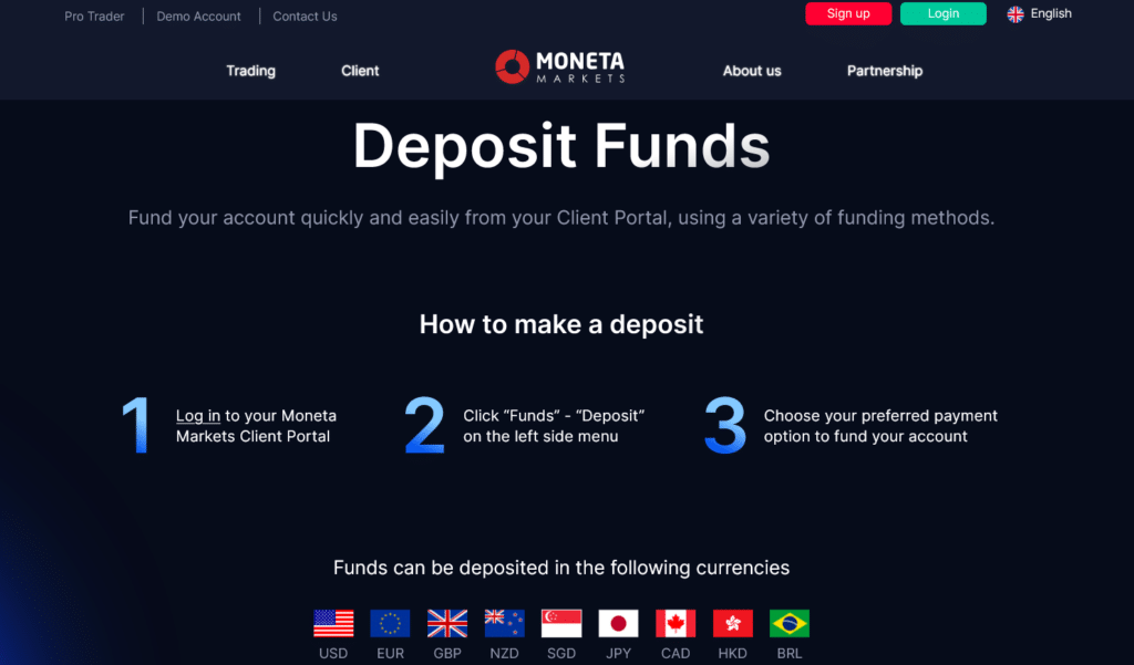 moneta markets deposit funds